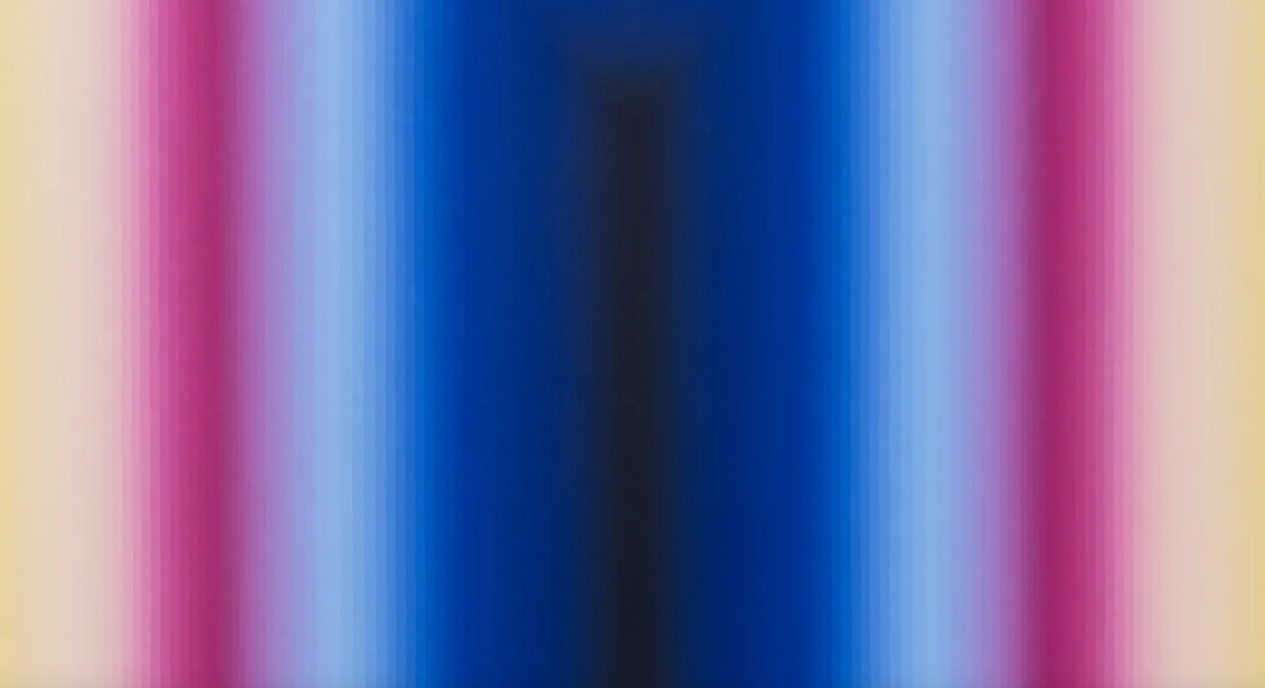 Vertical colour bands in blue, pink and soft cream